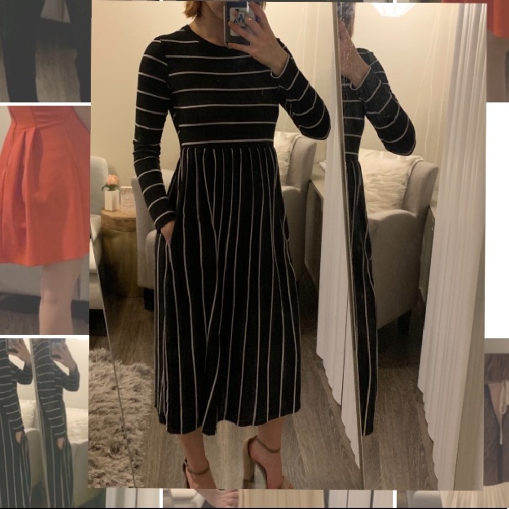 Black and White Dress w Pockets and Flowing Skirt